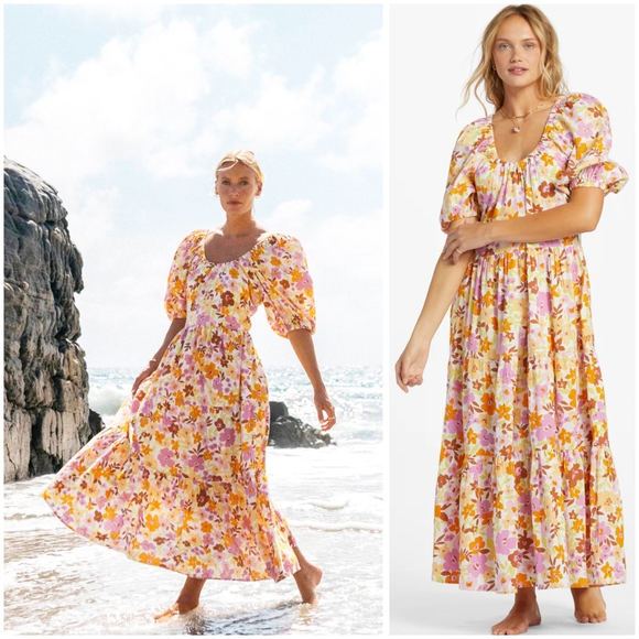 Billabong Dresses & Skirts - Billabong, Pink, Yellow & Cream Floral Puff-Sleeve Maxi Dress